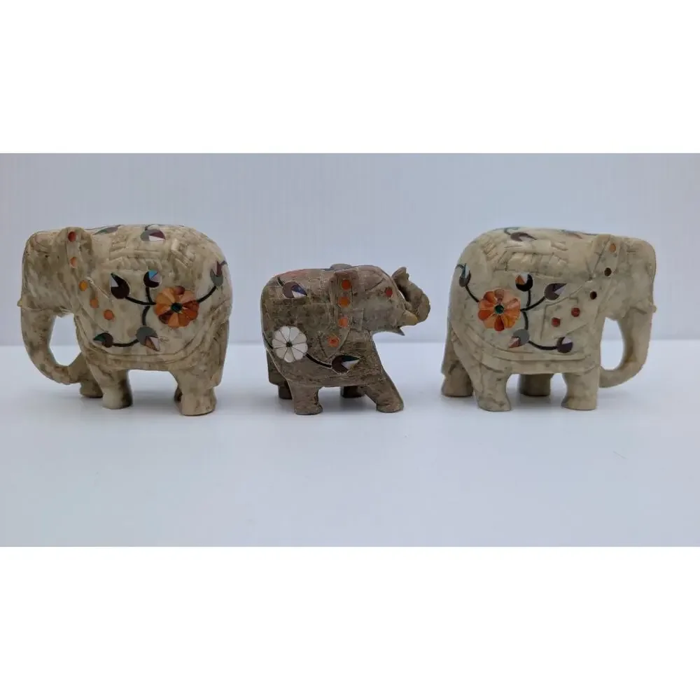 Set of 3 Inlaid Stone Marble (?) Elephants Floral Figurine Lot